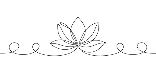 Elegant one line lotus flower design with decorative swirls on a clean white background