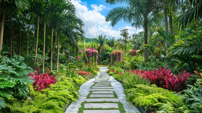 A lush tropical garden with a stone path leading through a variety of colorful plants and flowers.