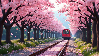A beautiful, digitally rendered image of a red train traveling through a tunnel of blossoming cherry trees.