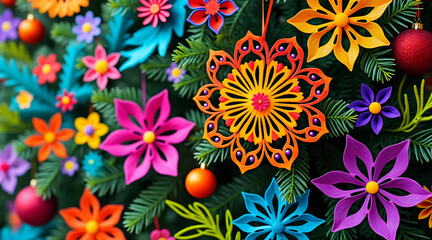 Vibrant Paper Flowers and Ornaments for Festive Holiday Decoration
