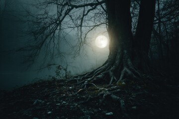 Mysterious forest at night with moon