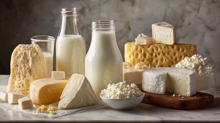 Fresh milk bottles and cheese wheels arranged with assorted dairy products, showcasing natural farm freshness and wholesome goodness.