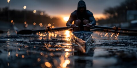 Ruderer trainiert intensiv bei Sonnenaufgang auf spiegelndem Wasser
