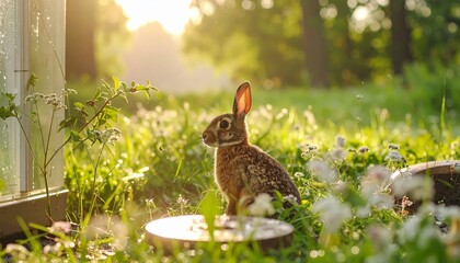 Obraz premium A wild rabbit sits peacefully amongst sunlit wildflowers near a window in a garden setting.