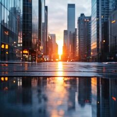 Obraz premium Cityscape reflecting light and buildings during sunset