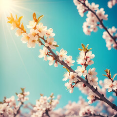 Flowering apricot tree shot against bright spring sun bright and colorful background with vintage overtones