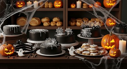 Naklejka premium A bakery display showcases Halloween-themed cakes, pumpkins, and decorations for the holiday.