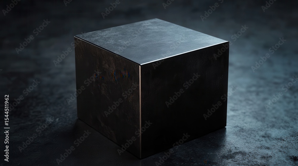 Poster black metallic cube on dark surface with subtle reflection and soft lighting in artistic composition