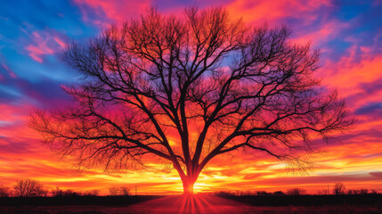 majestic tree silhouetted against vibrant sunset, creating stunning visual impact