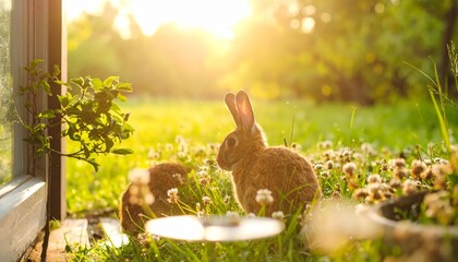 Two brown rabbits graze in a sunlit meadow full of white clover with a soft, golden light glow.