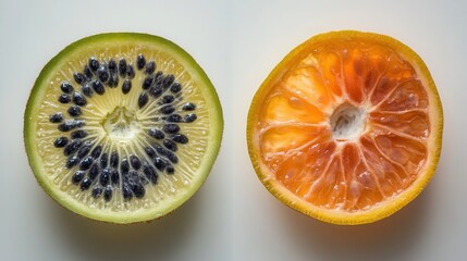 Cross-section of unusual citrus fruits showcasing vibrant colors and unique textures on a neutral background, emphasizing freshness and natural beauty