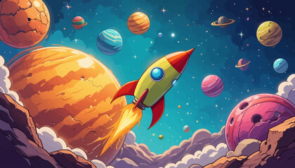 Obraz premium Colorful Cartoon Rocketship Soaring Through Space. A whimsical cartoon image features a rocketship with a smiling face, blasting off amidst colorful planets, stars, and clouds