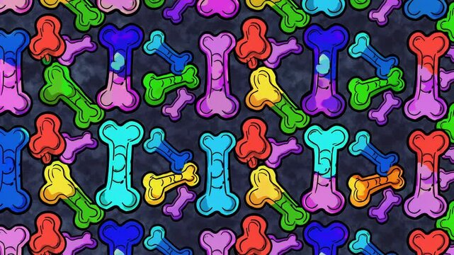 Colorful cartoon dog bones create a playful pattern in vibrant hues and designs