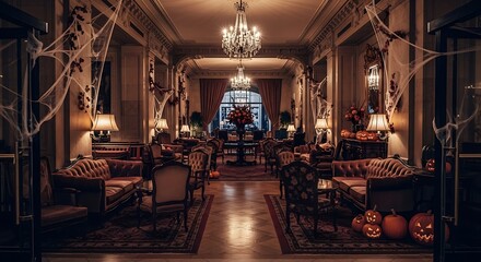Naklejka premium Elegant hotel lobby adorned with Halloween decorations, featuring plush seating, ornate chandeliers, and spooky spiderwebs.