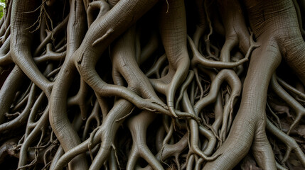 A close-up of gnarled tree roots twisted in an unsettling formation