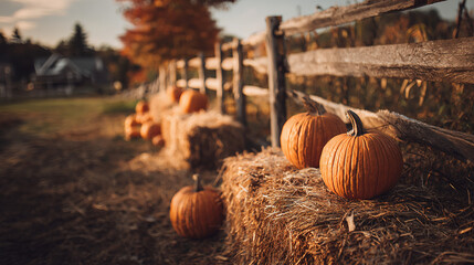 A photo of pumpkins and haystacks arranged beside a wooden fence in a countryside farm during sunset