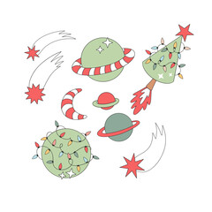 Retro Groovy Outer Space with Christmas Tree Rocket, Candy Cane Moon, Garlanded Planet, Saturn and comets Vector Illustration isolated on white. Perfect for holiday greeting cards, stickers, posters