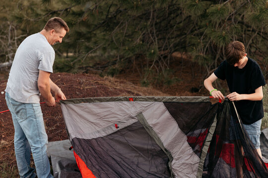 Father and son setting up tent at campsite