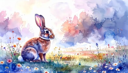 Watercolor rabbit sits peacefully in a field of wildflowers under a dreamy sky landscape art