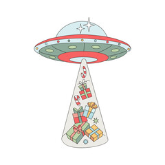 Retro Groovy Christmas in Outer Space Flying Saucer Beaming Up Christmas Presents Vector Illustration isolated on white. Perfect for festive cards, stickers, posters, social media graphics, and retro