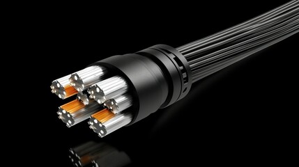 A black and silver cable with multiple connectors, against a black background.