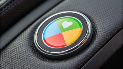 A colorful circular emblem featuring sections in green, yellow, blue, and red, set against a textured black background.