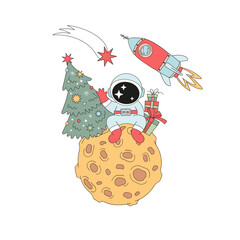 Retro Groovy Outer Space Christmas Vector Illustration of Astronaut Sitting on the Moon Under a Christmas Tree with Presents. Ideal for festive greeting cards, posters, wrapping paper, childrens books