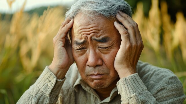 An elderly Asian man with gray hair, wearing a light-colored sweater, holding his head in his hands, sitting in a field of tall, yellow grass.