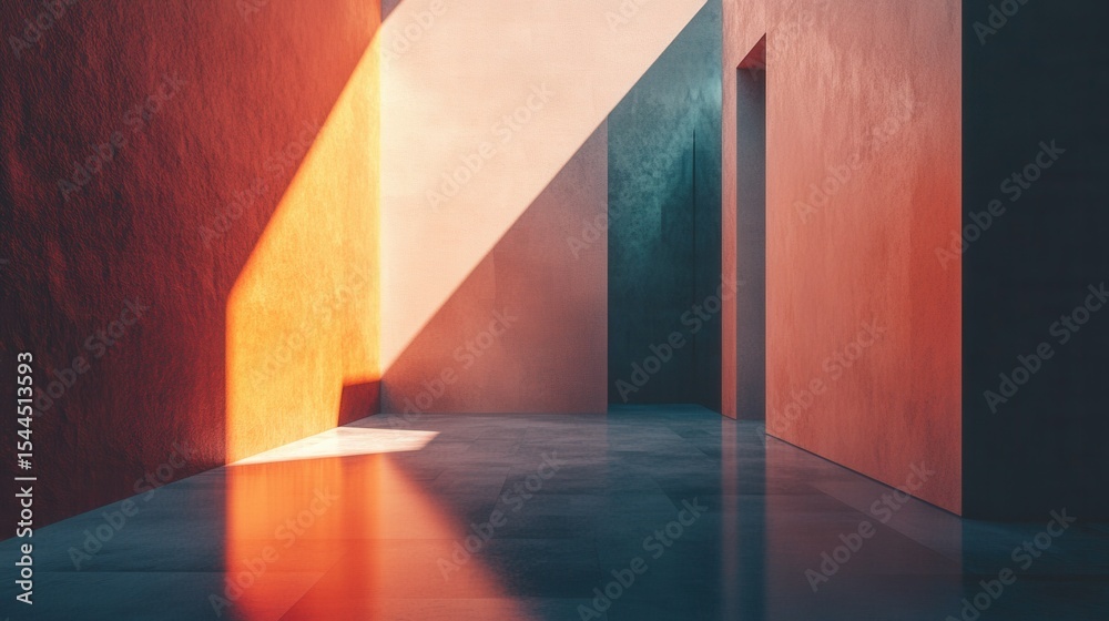 Poster abstract modern architectural space with colorful walls and light reflections creating a serene atmo