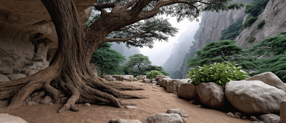 Ancient Tree and Mountain Passage: A scenic passage unfolds, revealing a majestic old tree with robust roots entwined with the earthy path.