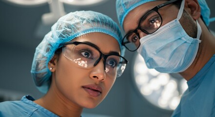 Focused Surgeons in Operating Room Wearing Protective Gear and Surgical Masks