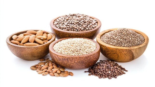 Four wooden bowls containing a variety of seeds and nuts, placed on a white surface.