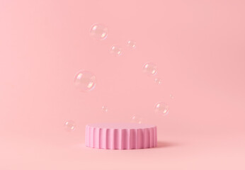 Skin Care Cosmetic Product Presentation Scene made with Pink Round Column and Soap Bubbles on Soft...