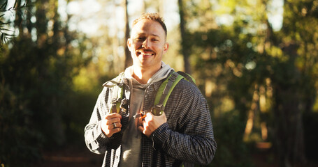 Explore, hiking and portrait of man in nature for trekking, adventure and wilderness. Eco tourism,...