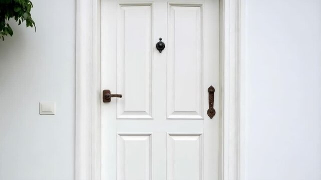 Elegant white panel door with aged bronze handle and knocker set in a bright white wall, surrounded by light green leafy plant