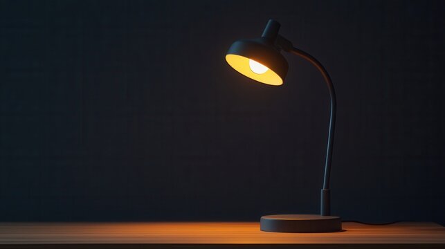 Modern desk lamp with warm light illuminating a wooden surface in a dark room showcasing minimalistic design and cozy ambiance for workspace aesthetics