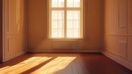 Fototapeta premium Sunlit Empty Room with Warm Light and Soft Shadows on Wooden Floor and White Window Frames, Inviting Peaceful and Serene Atmosphere for Interior Design