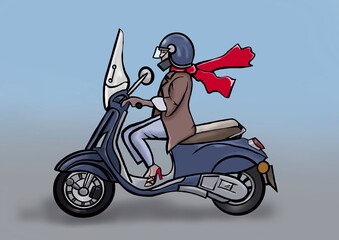Motorcyclist with a red scarf on her head
