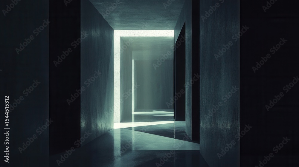 Poster abstract dimly lit corridor with geometric light patterns creating a mysterious and futuristic atmos