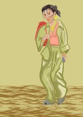 Illustration of woman walking in the water with a backpack