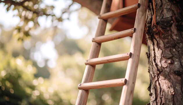 Wooden ladder leading to a tree house in a sunny garden A perfect image for childhood adventure and nature themes