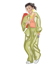 Illustration of  woman walking in the water with a backpack