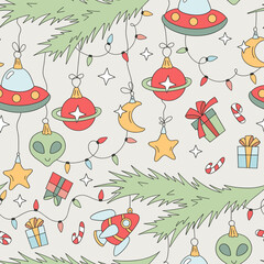 Retro Groovy Space Christmas Tree Ornaments in the form of Spaceships, Aliens, Rockets, Planets and Stars vector seamless pattern. Great for festive wrapping paper, holiday apparel, greeting cards