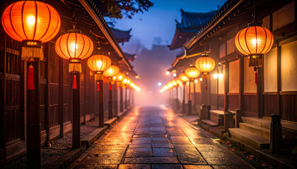 提灯が照らす夜の和風の街並み