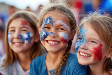 Fototapeta premium Three children with painted faces smiling happily, showing red, white, and blue designs in a festive or patriotic setting.