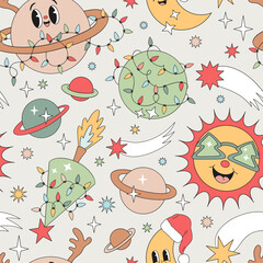 Retro Groovy Christmas in Space Vector Seamless Pattern with Saturn with Antlers, Rocket Tree, Sun in tree shaped sunglasses, Crescent in Santa Hat. Perfect for holiday wrapping paper, kids apparel