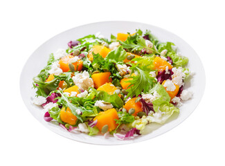 plate of salad with baked pumpkin, greens and cream cheese isolated on transparent background
