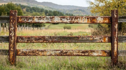 An old, weathered wooden fence with rusted metal railings, set against a backdrop of rolling hills and trees.