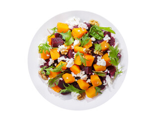 Obraz na płótnie Canvas plate of salad with baked pumpkin, beetroot, greens and cream cheese isolated on transparent background, top view