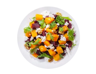 Fototapeten plate of salad with baked pumpkin, beetroot, greens and cream cheese isolated on transparent background, top view © Nitr